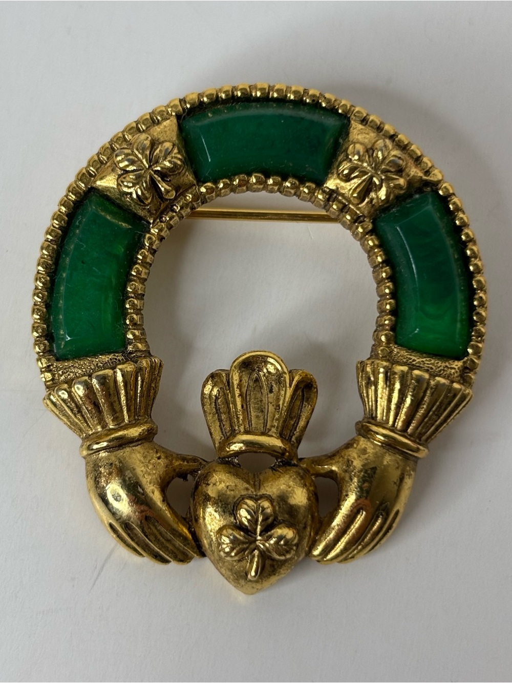 Vintage Sol D'or Signed Claddagh Pin Brooch Crown Ireland Irish Wedding Green